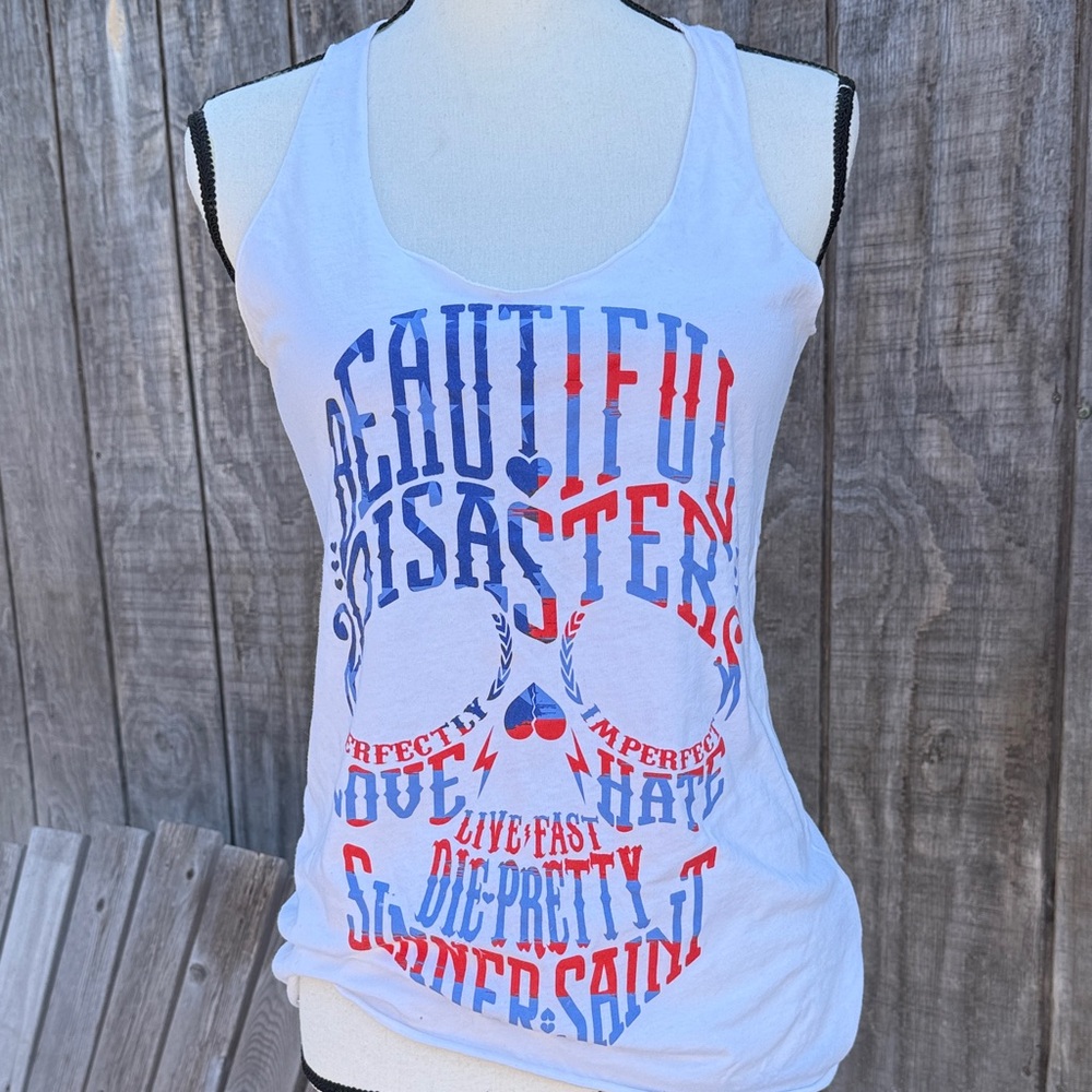 Beautiful Disaster RETIRED Americana Skull Design Racerback Tank Top Size M